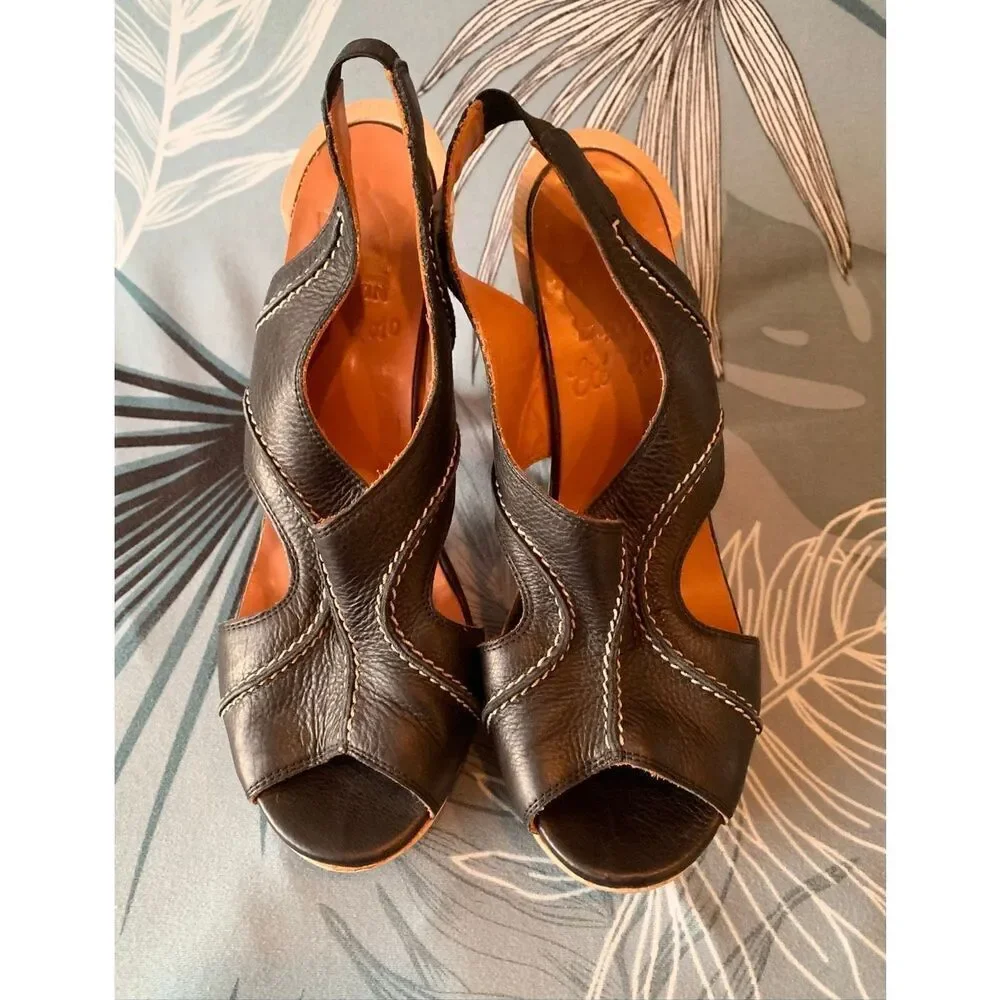 Lanvin ITALY Black leather Wooden Heel PLATFORM SANDALS SHOES sz 38.5 us 8